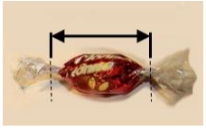 以糖果紙包裝之單元產品，若非屬糕餅類，則以量測完整包裝糖果之部分，包含兩邊摺邊長度間之長度為產品之長度。