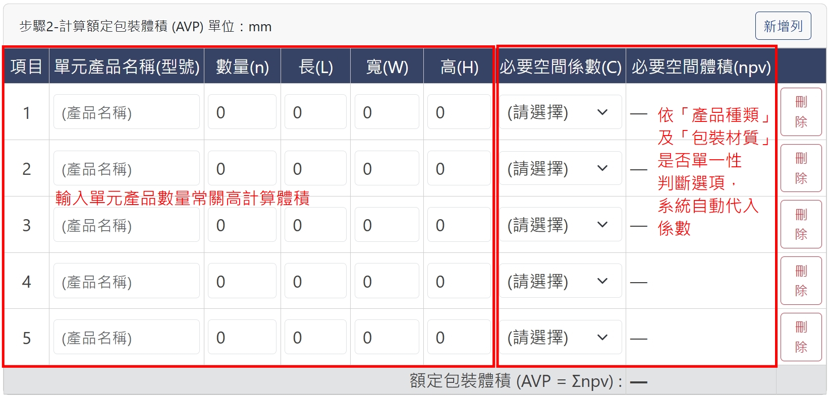 步驟二計算額定包裝體積(AVP) 步驟二計算額定包裝體積(AVP)單位:mm