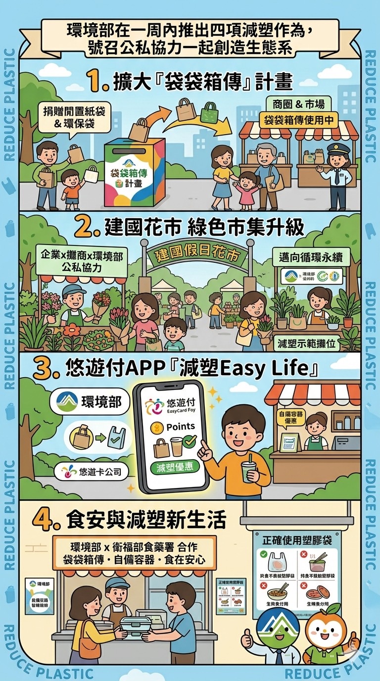 1.擴大袋袋箱傳計畫減塑 2.建國花市 綠色市集升級 3.悠遊付app 減塑EASYLIFE 4.食安與減速新生活 圖卡 直式